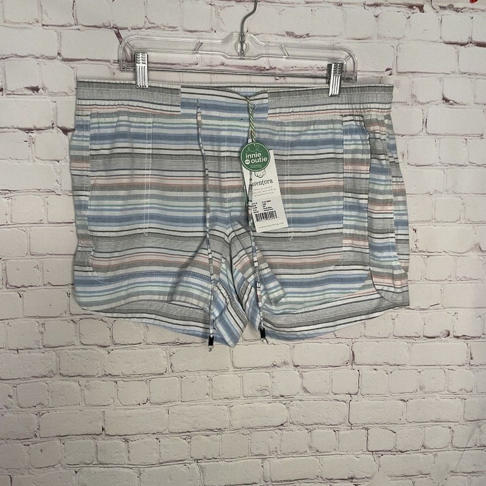 NWT Aventura Organic Dusk Blue Stripe Drawstring Shorts Women L India Cotton